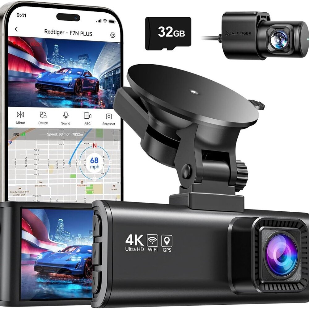 Dash Cam Front Rear, 4K/2.5K Full HD Dash Camera for Cars, Included 32GB Card, B